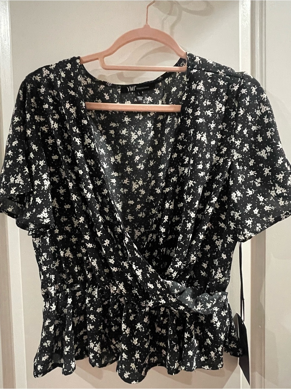 YMI Black & White Floral Wrap Peplum Top